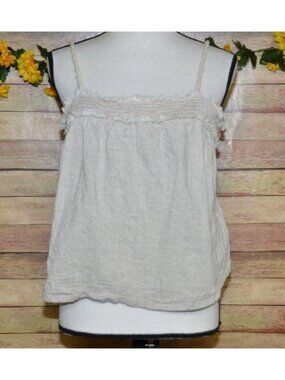 Moon River Shabby Chic Beige Crop Tank Top Size M Linen Blend Fringe Rope Strap